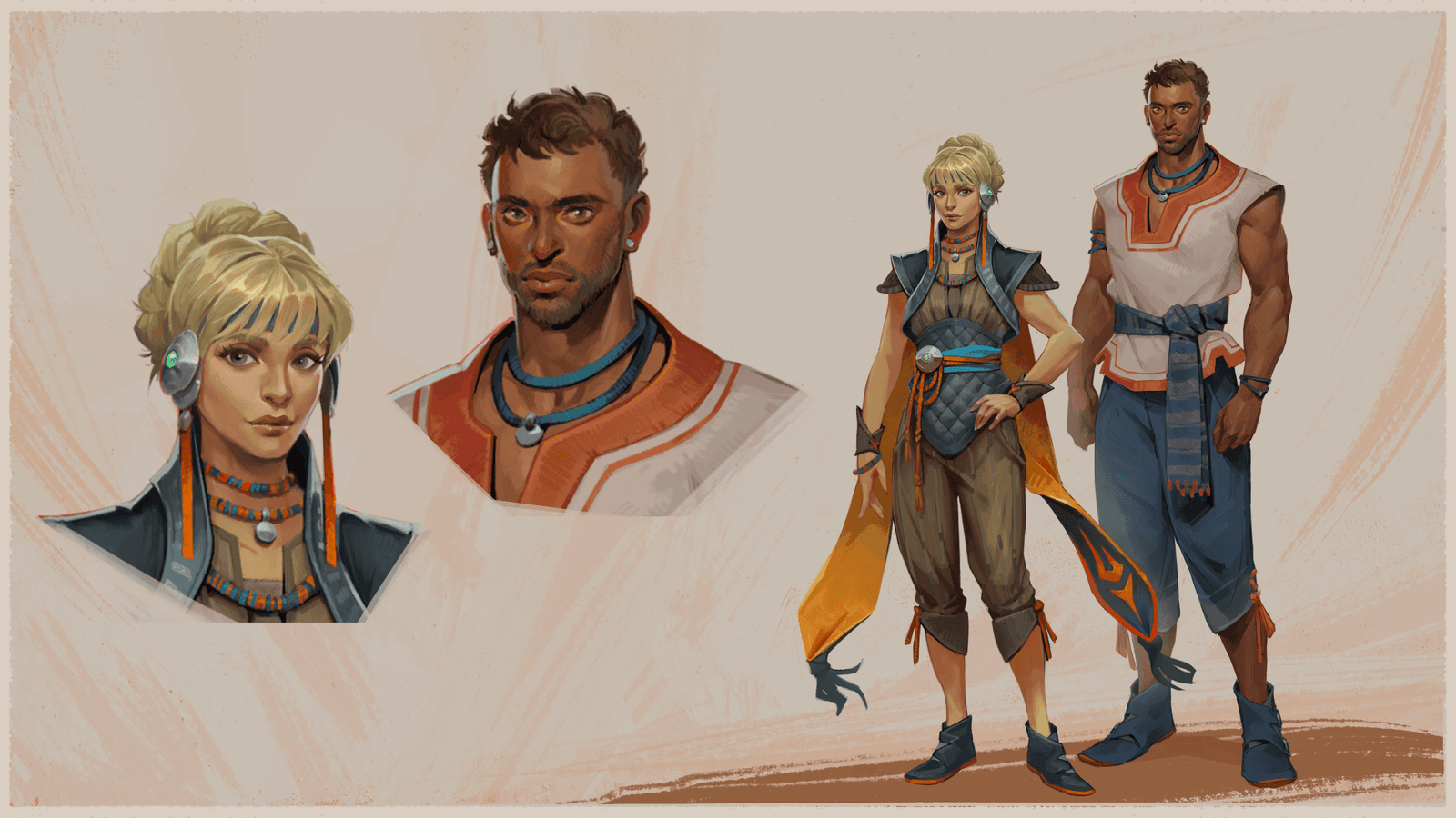 Guild Wars 3 Human species preview concept art showing two human characters. A blonde woman and a dark-skinned man are depicted in close-up portraits alongside full-body character designs, wearing colorful, futuristic clothing and accessories inspired by tribal and fantasy aesthetics.