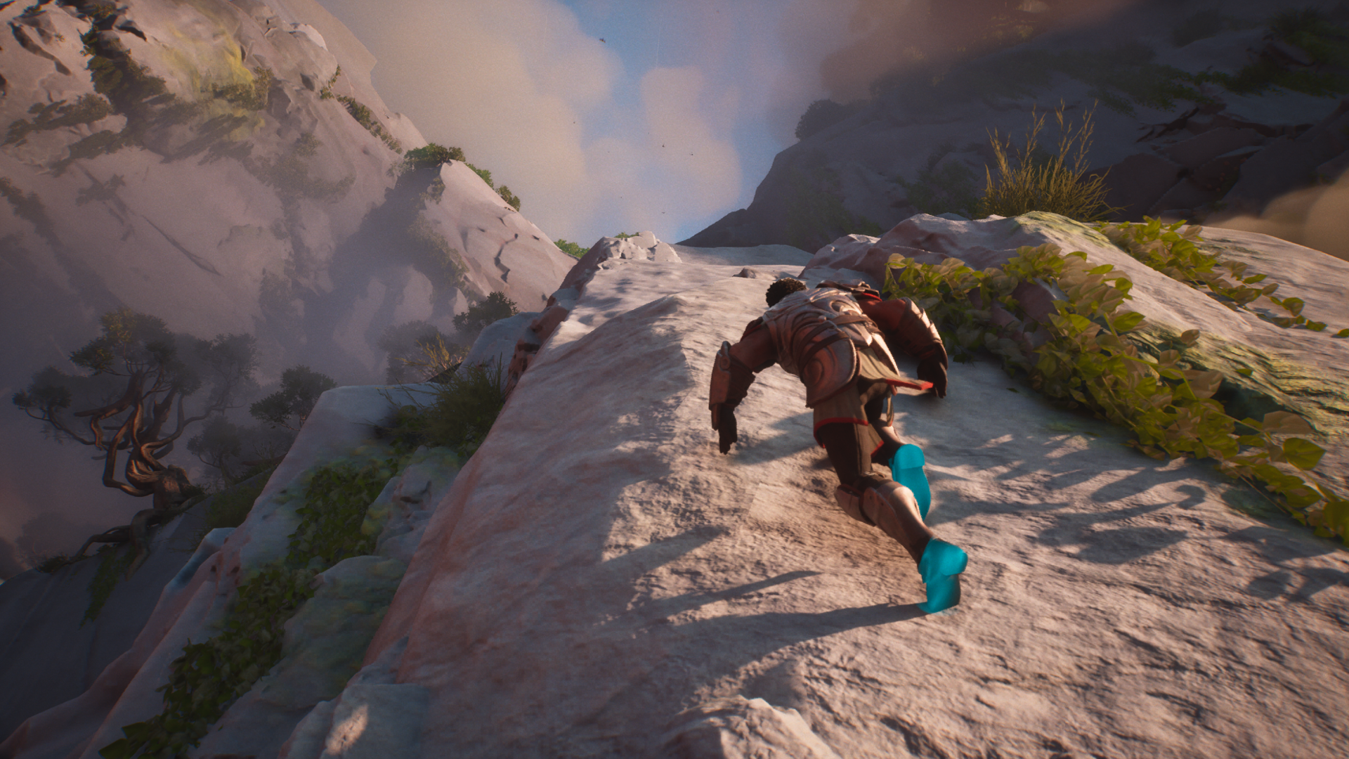 A character in armor with glowing blue feet climbs a steep, rocky incline surrounded by misty mountains and sparse vegetation. The scene depicts a challenging ascent in a fantasy or adventure setting.