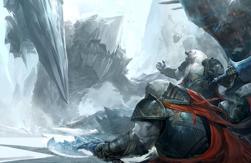 Concept art of a kodan warrior in tribal armor charging forward with a spear